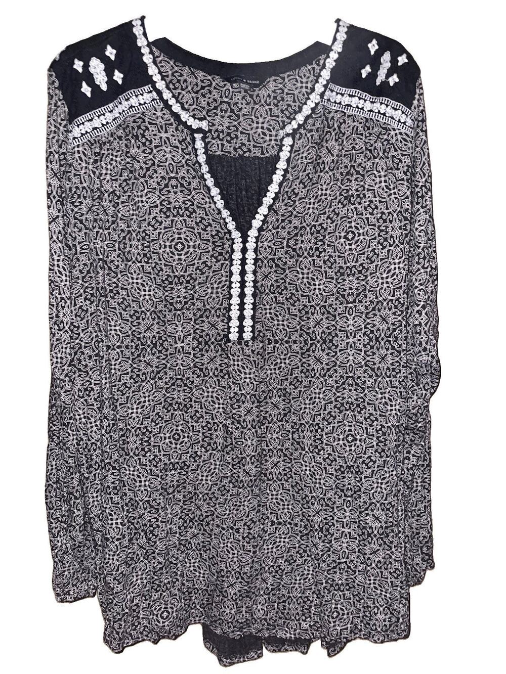 Women’s Lucky Brand Black White Peasant Boho Hippie Flowing embroidered Top 2X